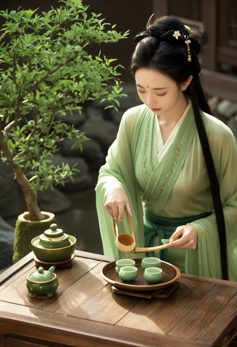 01905-579512399-(green_1.3)_She is a teahouse proprietress, dressed in teahouse attire primarily in green, symbolizing her calmness and kindness.png